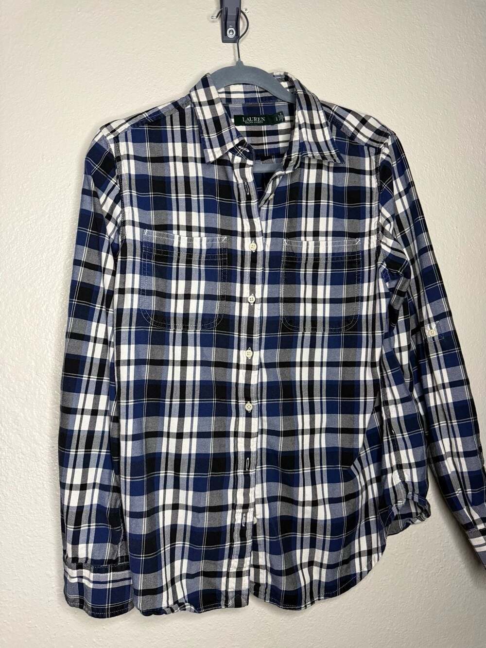 Lauren Ralph Lauren Blue Black and White Plaid Long Sleeve Button Down Shirt